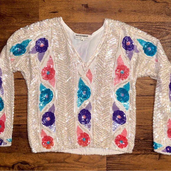 Sister Max • Vintage • Medium • Silk • Beaded/Sequins • White • Floral •Sweater